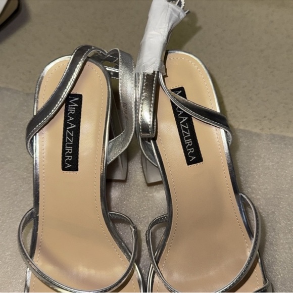 MIRAAZZURRA Silver Strappy Block Heel Sandals size 8 heel 4” NIB - Picture 7 of 10